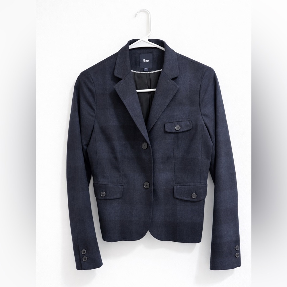 Gap Navy Plaid Wool-Blend Blazer | Size 2 | Tailored Jacket